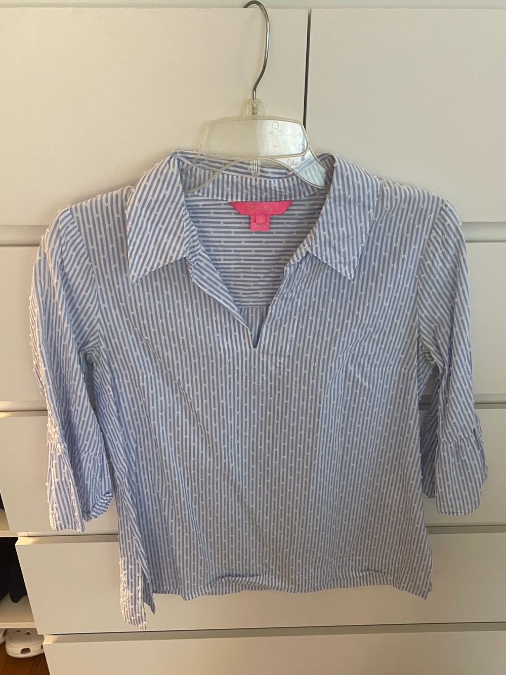 Lilly Pulitzer Ginger Top Blue Peri Tint Stripe Swiss Dot Flounce - Size S